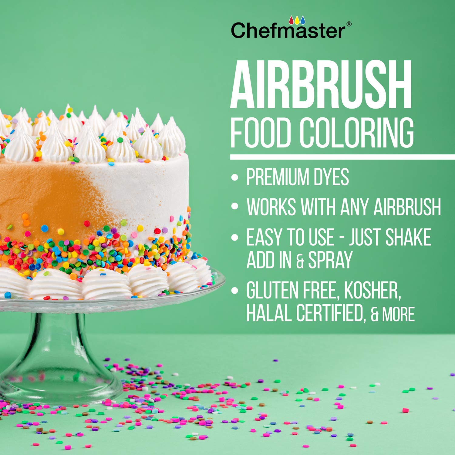 Chefmaster airbrush applying white to wedding cake showing precise finish