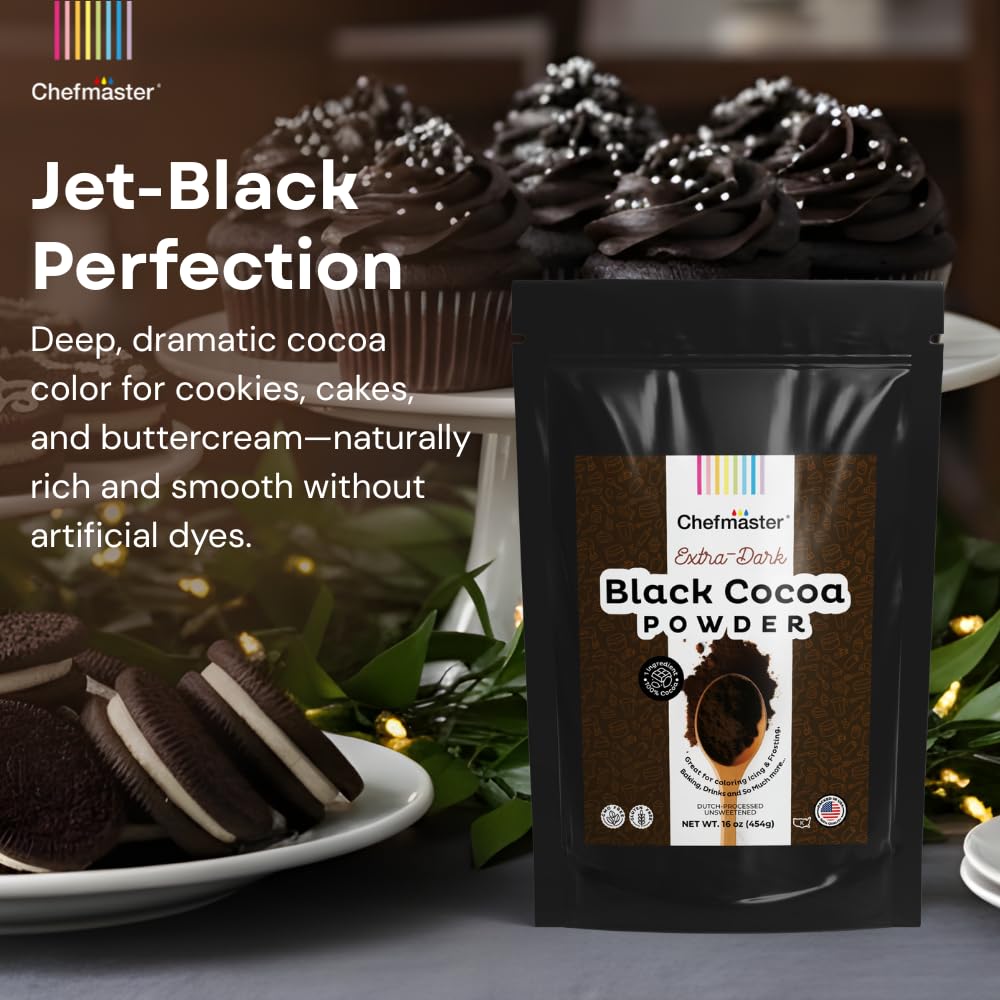 Close-up texture of Chefmaster black cocoa powder showing fine grind for smooth frostings