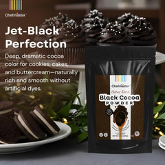 Close-up texture of Chefmaster black cocoa powder showing fine grind for smooth frostings