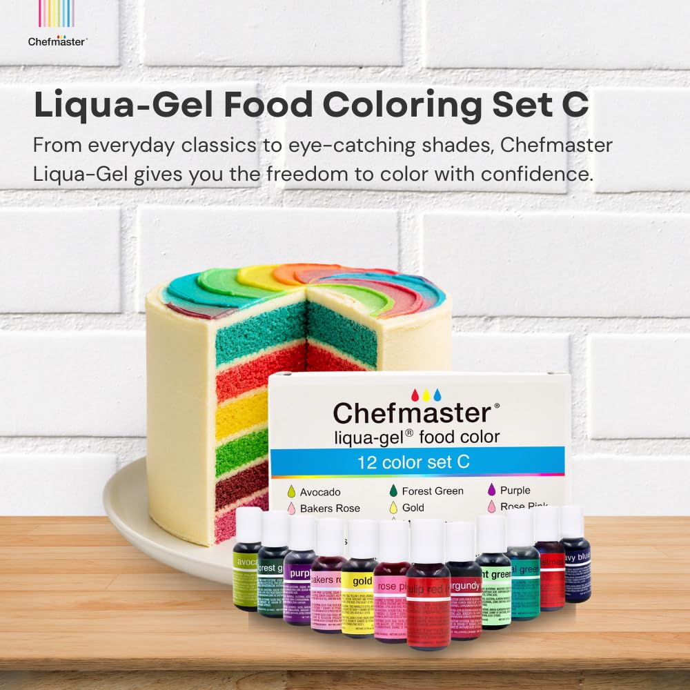 Chefmaster close-up of color drops on white surface demonstrating concentrated vivid pigments