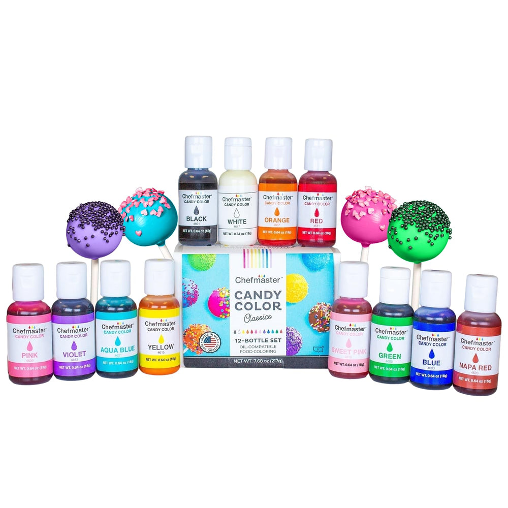 Chefmaster front packaging showing 12 bottles and true-tone colors for decorating