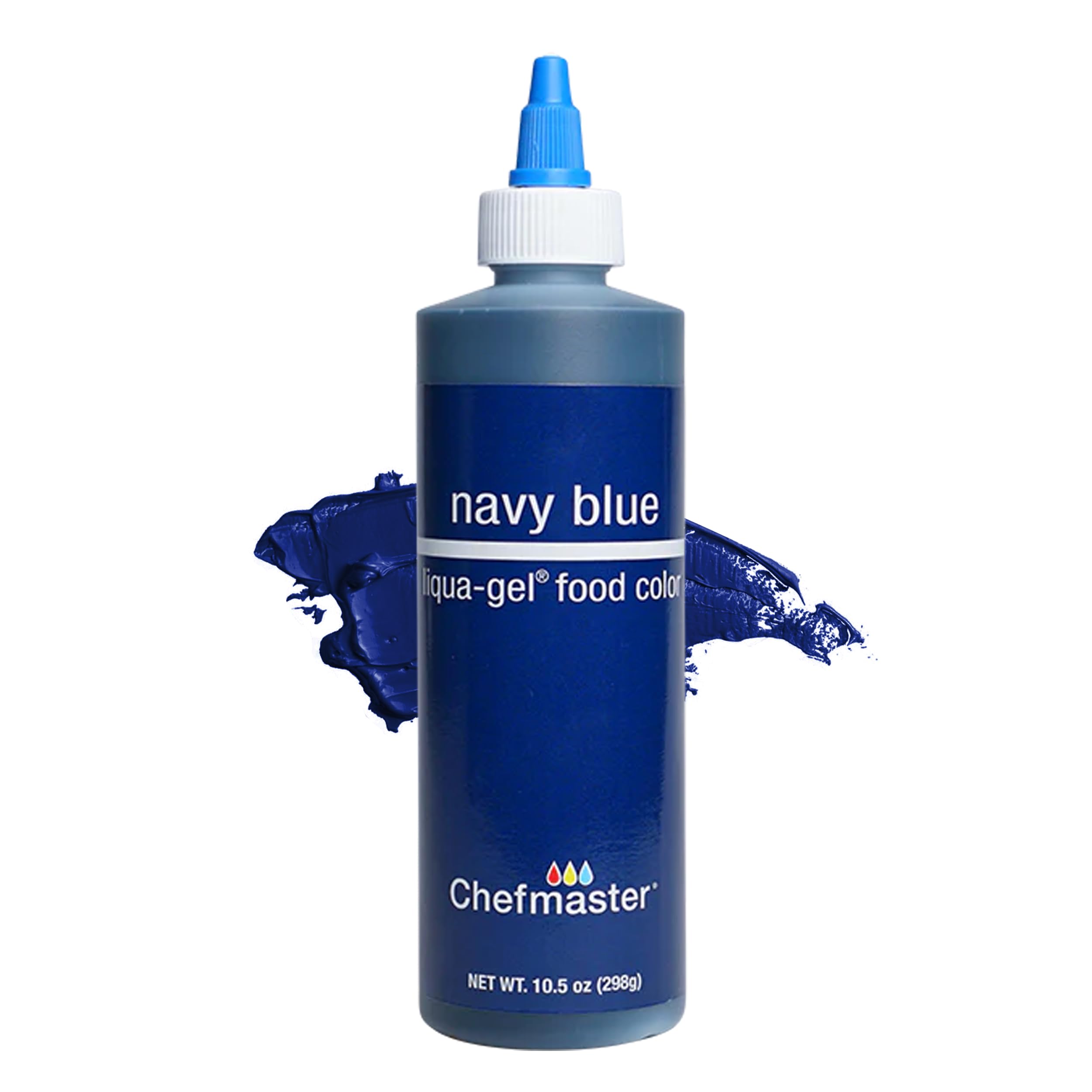 Chefmaster navy blue bottle front view showing clear label and squeeze cap benefits