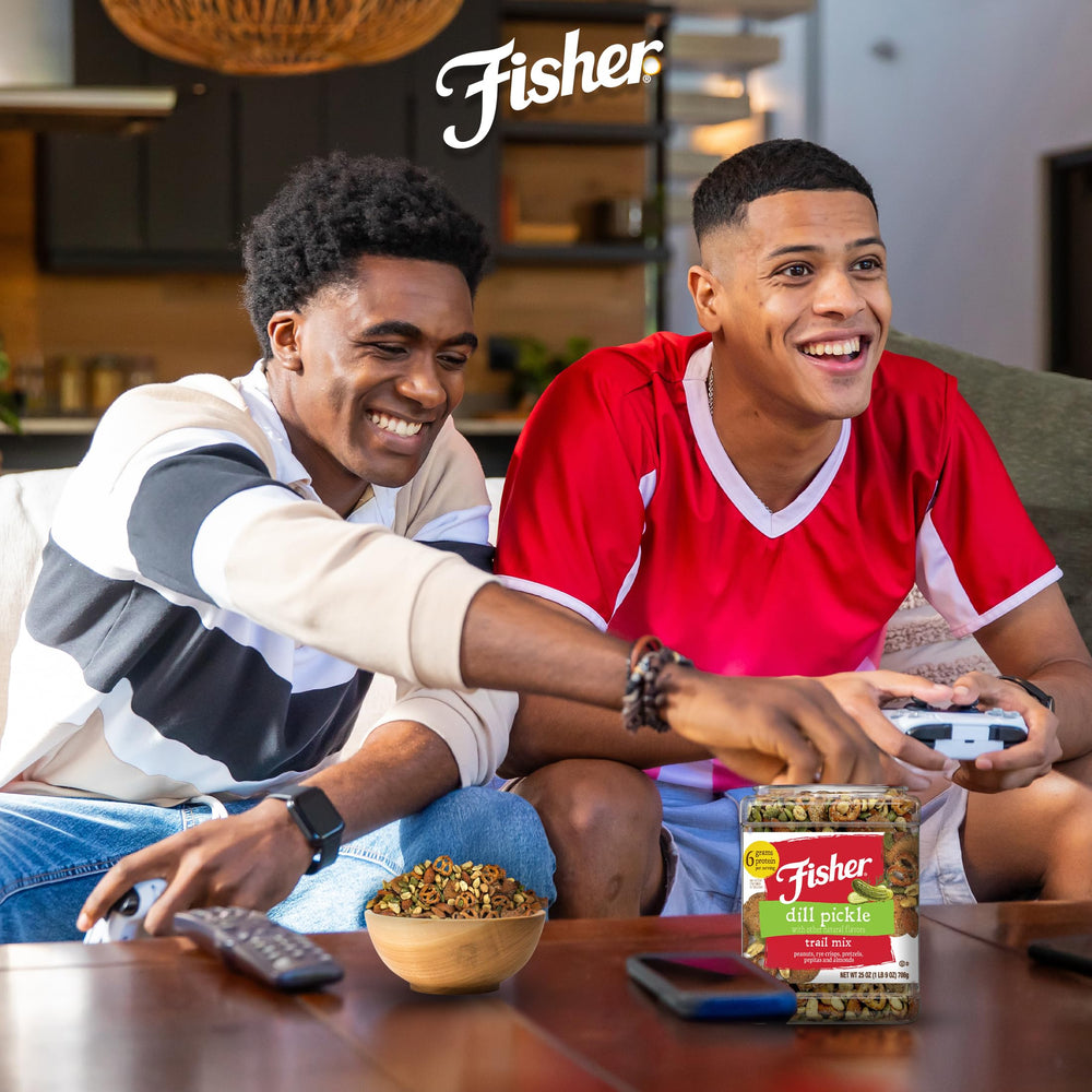 CHEF'S NATURALS trail mix displayed on snack table, bold dill pickle flavor for sharing