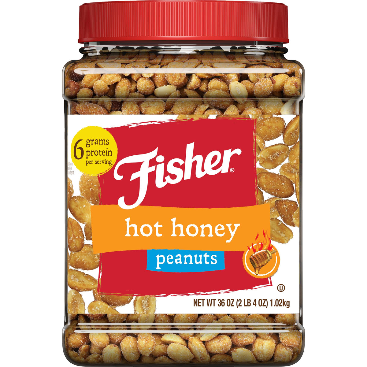 CHEF'S NATURALS Fisher hot honey peanuts tub front showing bold label and resealable lid