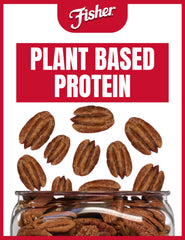 CHEF'S NATURALS Fisher open jar filled with whole pecans ready to grab-and-go for convenient snacking