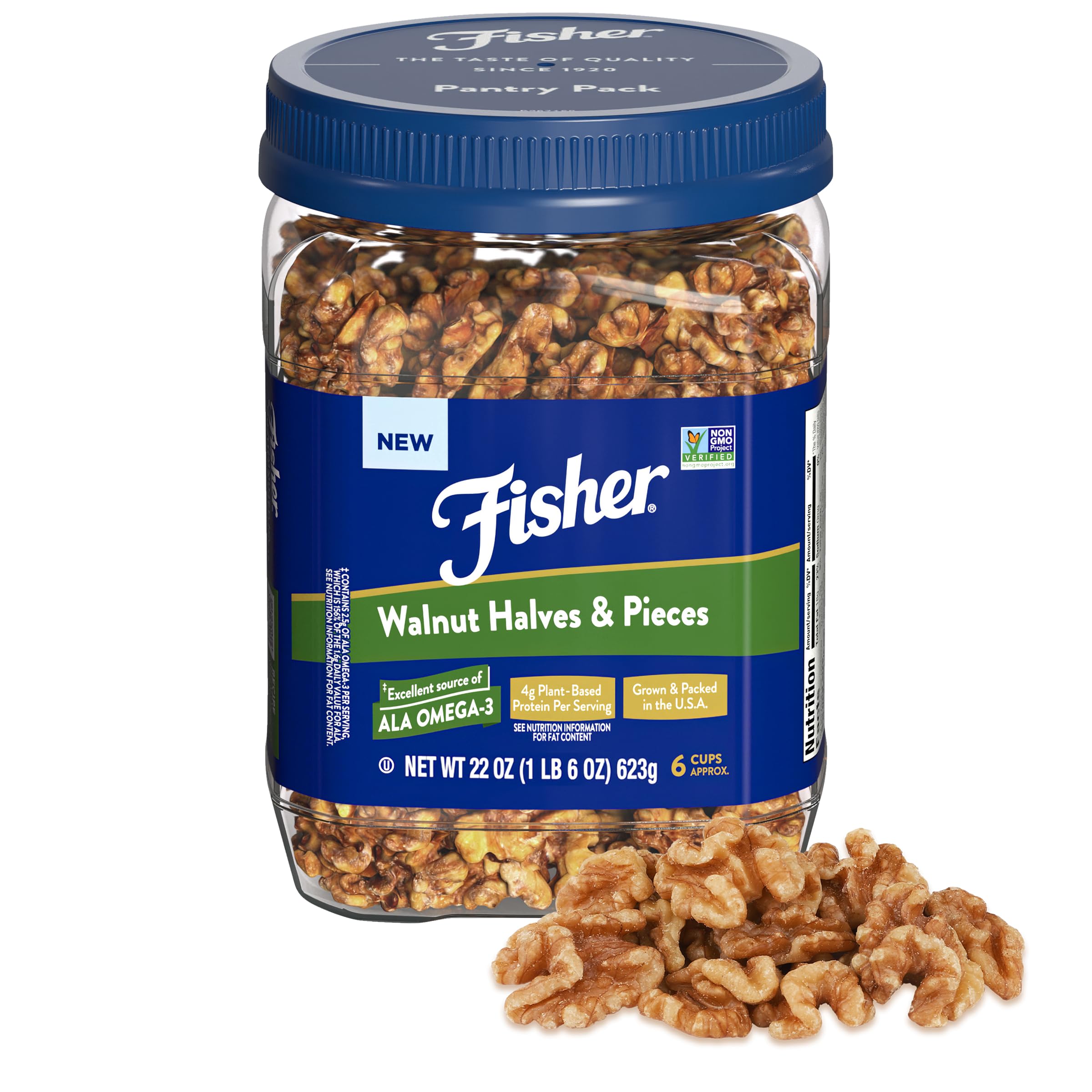 CHEF'S NATURALS clear jar of walnuts front view showing packaging and stackable benefit