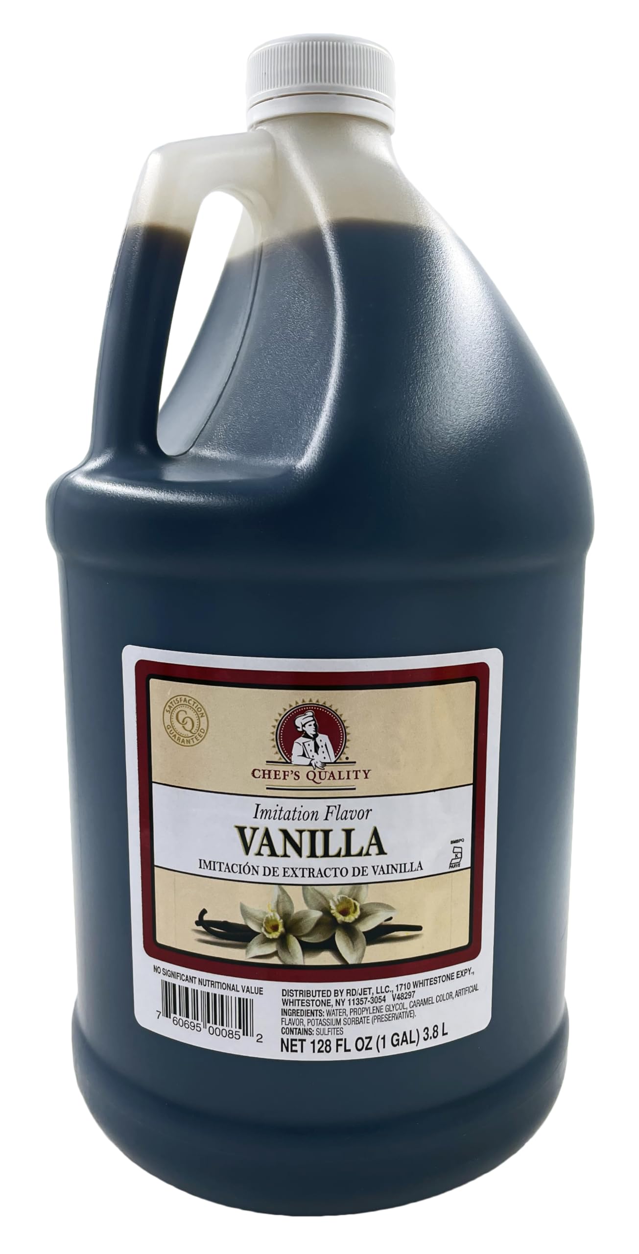 Chef's Quality front label on one-gallon imitation vanilla showing brand and product benefits