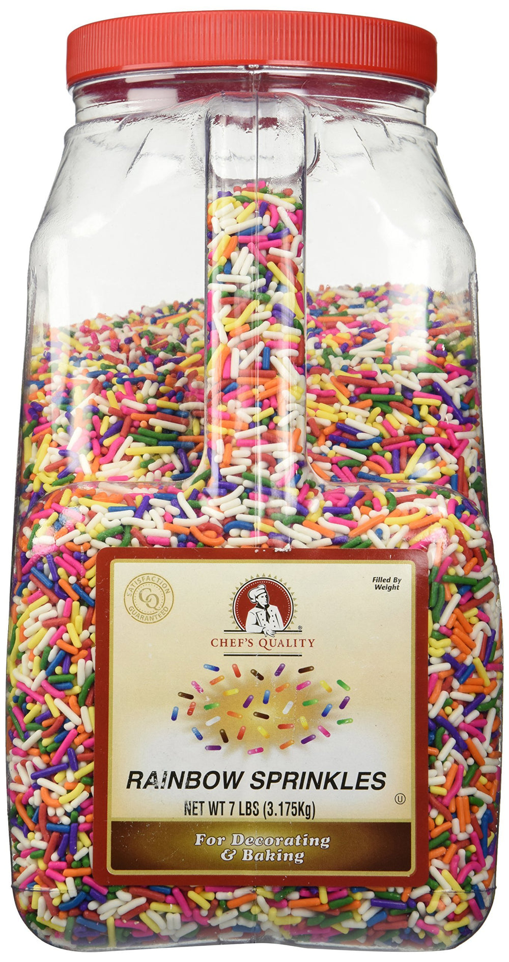 Chef's Quality rainbow sprinkles jar front view showing colorful topping and easy storage