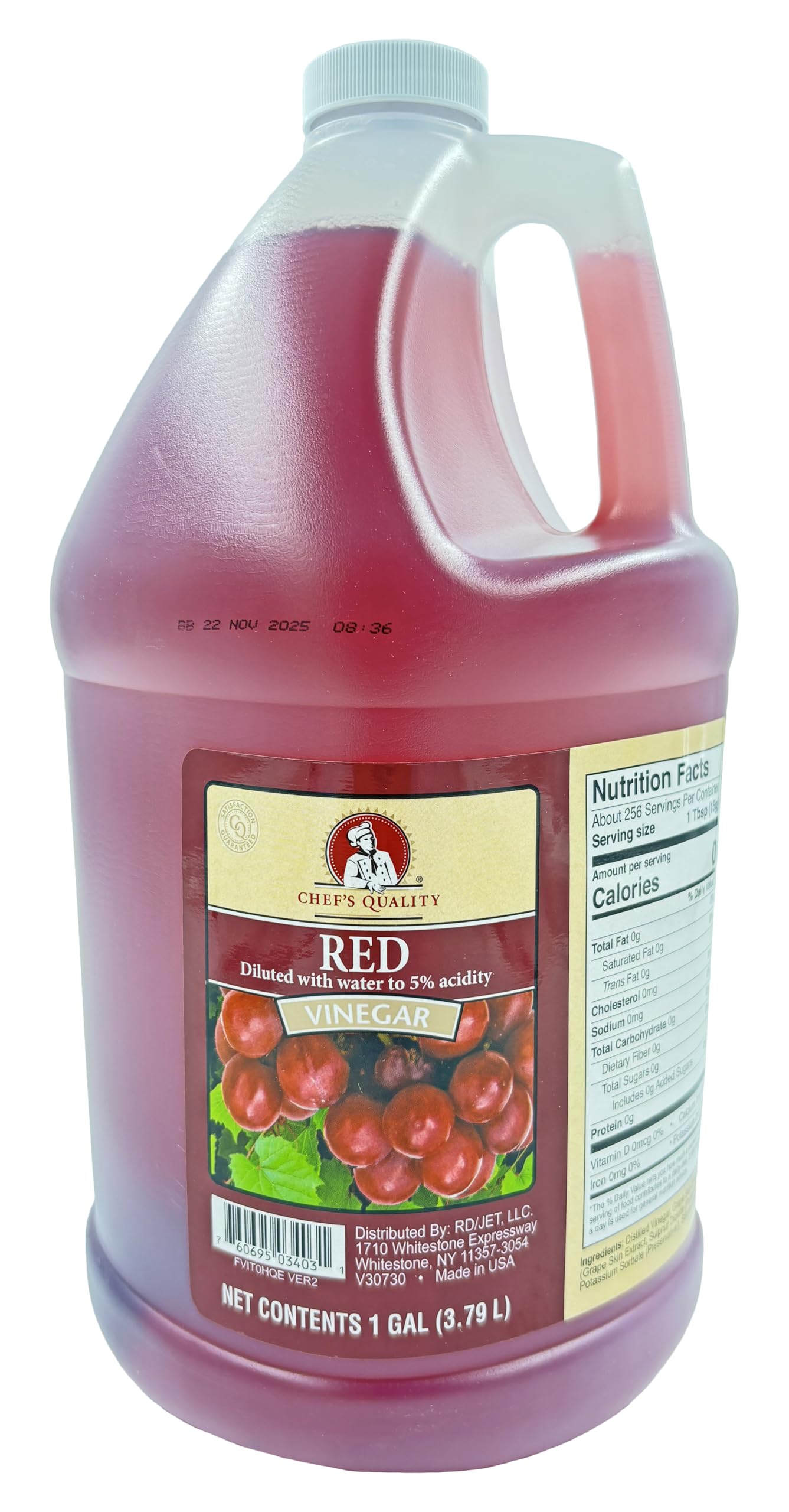 Chef's Quality red vinegar front packaging showing gallon jug and clear label, useful for bulk kitchens