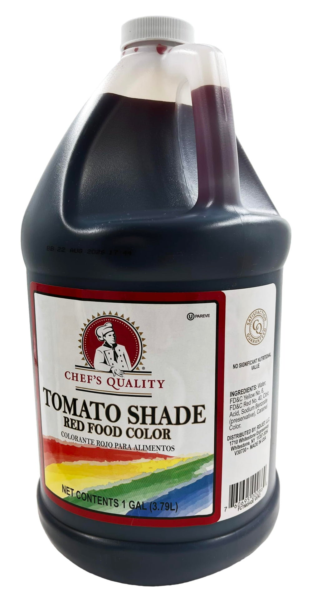 Chef's Quality front label showing 1-gallon tomato red container for consistent coloring