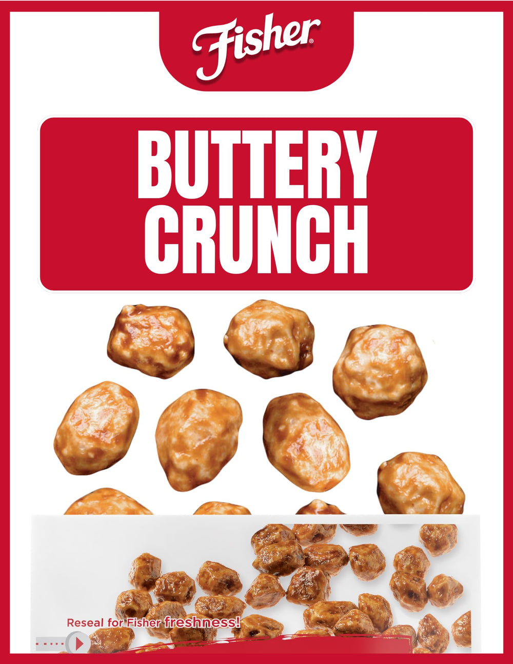 CHEF'S NATURALS Fisher close-up of butter toffee coating highlighting crunchy texture benefit
