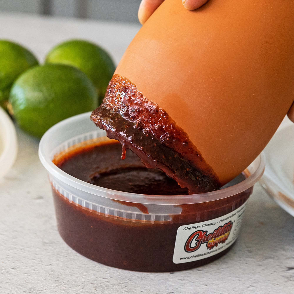 Cheilitas Chamoy next to common items showing brand 8 oz size and portioning