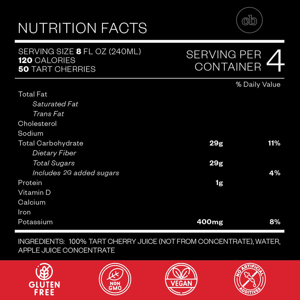 Cheribundi bottle closeup label highlighting ingredients and clean formulation benefit