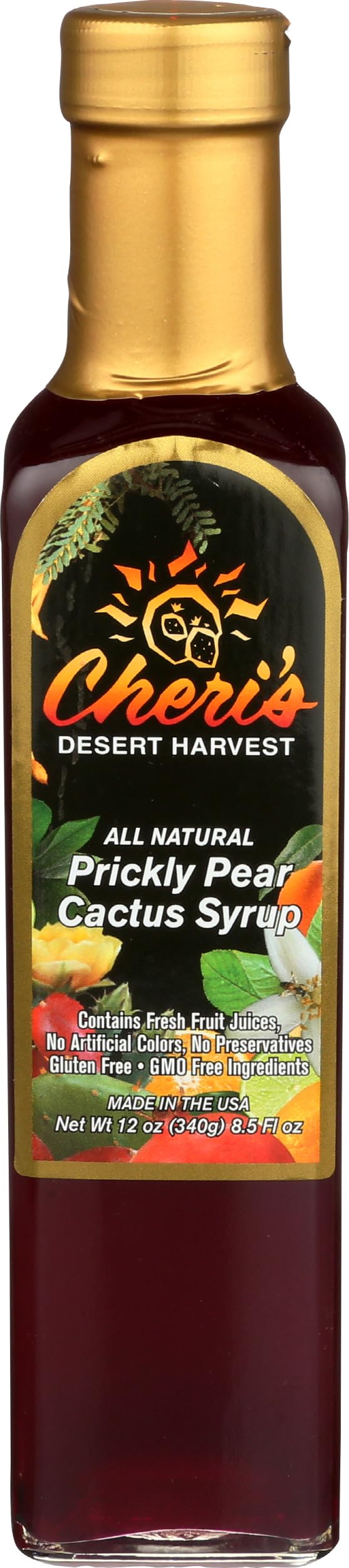 Cheri's Desert Harvest front bottle showing magenta syrup and brand benefit of vibrant flavor