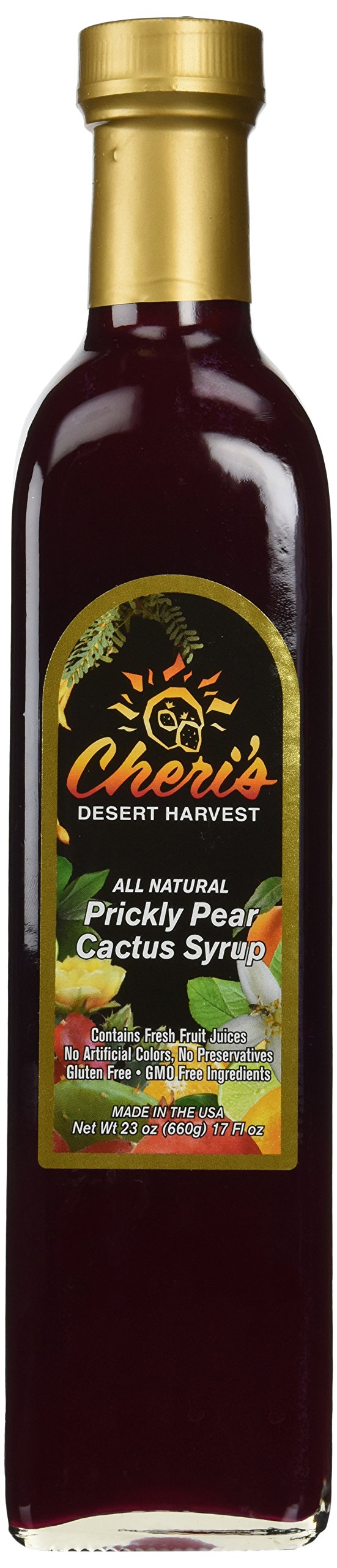 Cheri's Desert Harvest bottle front label shows natural cactus syrup and vibrant color benefit