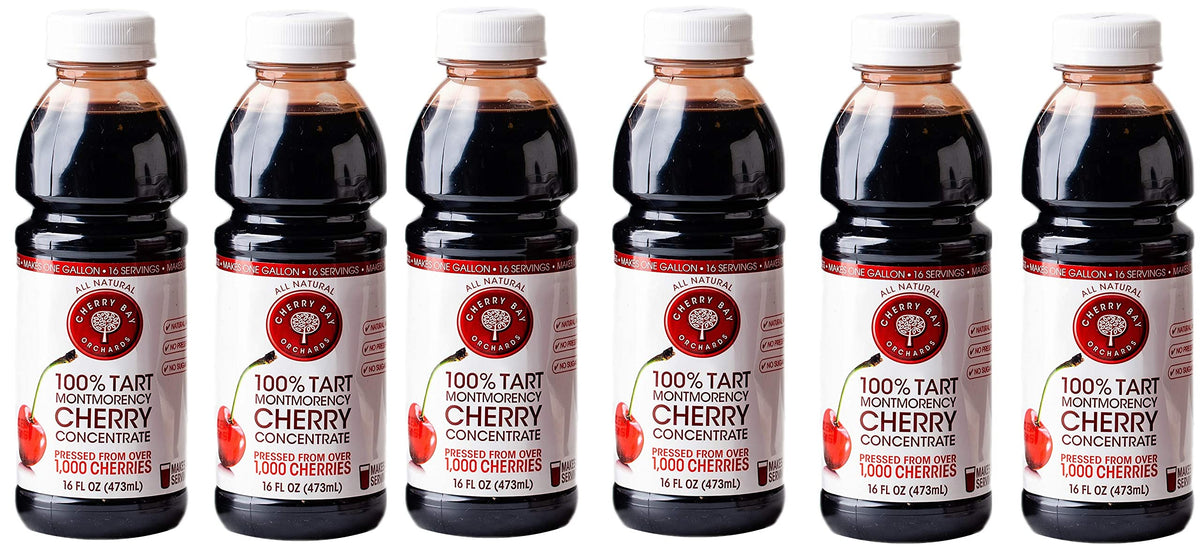 Cherry Bay Orchards front packaging showing six 16oz bottles and product benefits