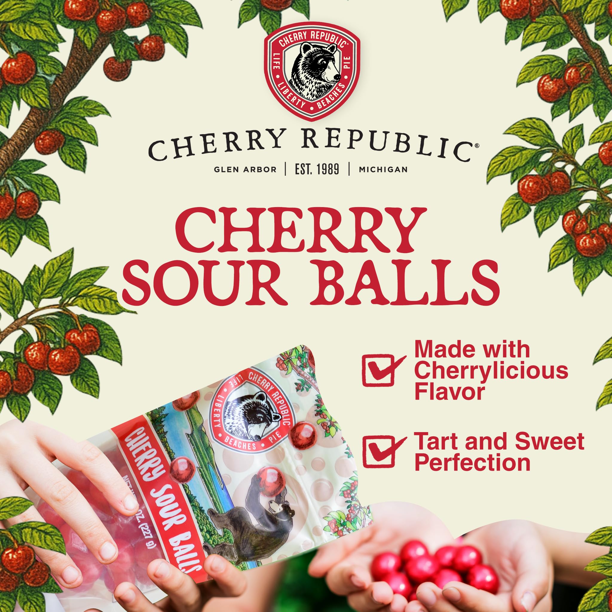 Cherry Republic close-up of chewy sour balls texture and bright red color