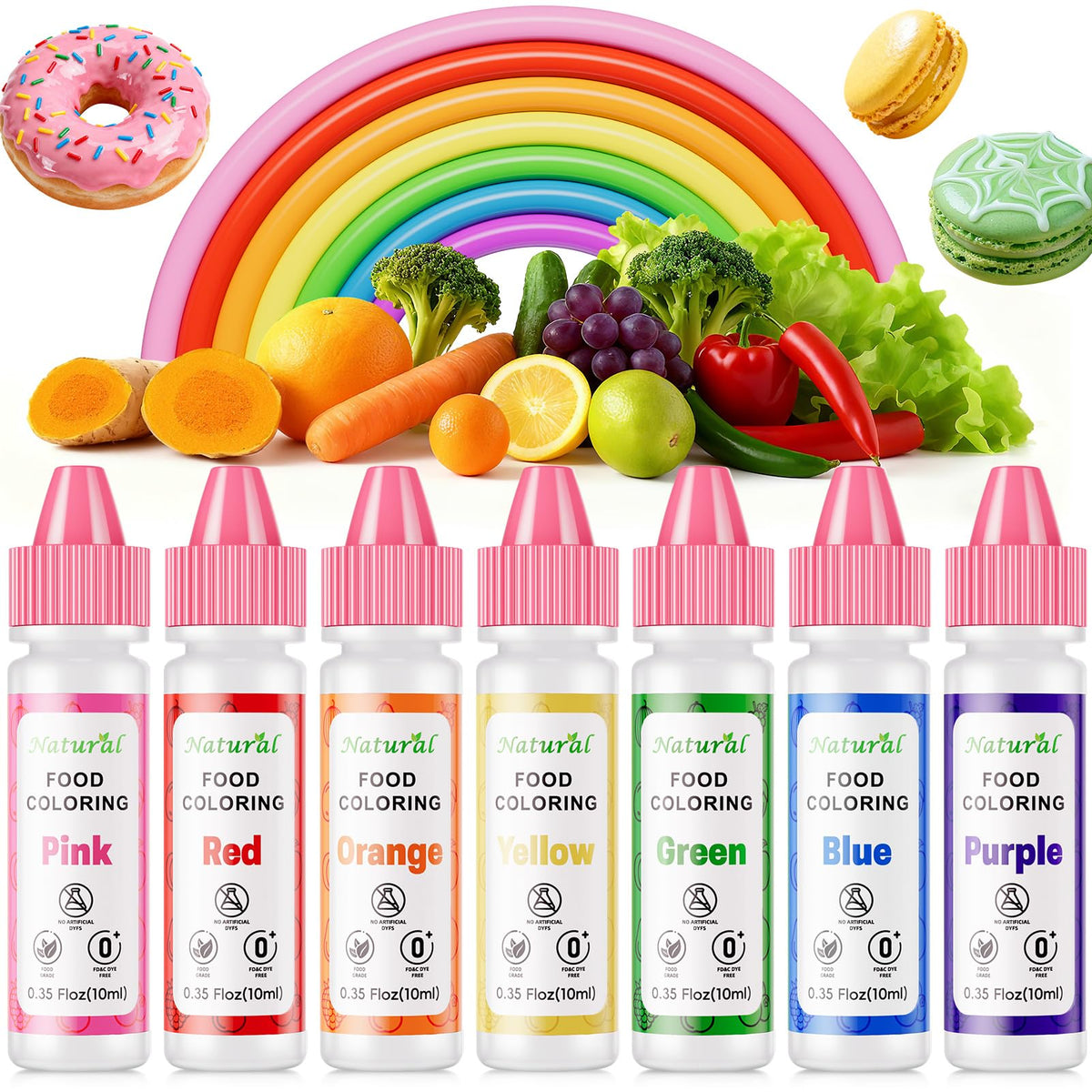 Cherrysea front packaging showing seven natural color bottles, clear rainbow choice