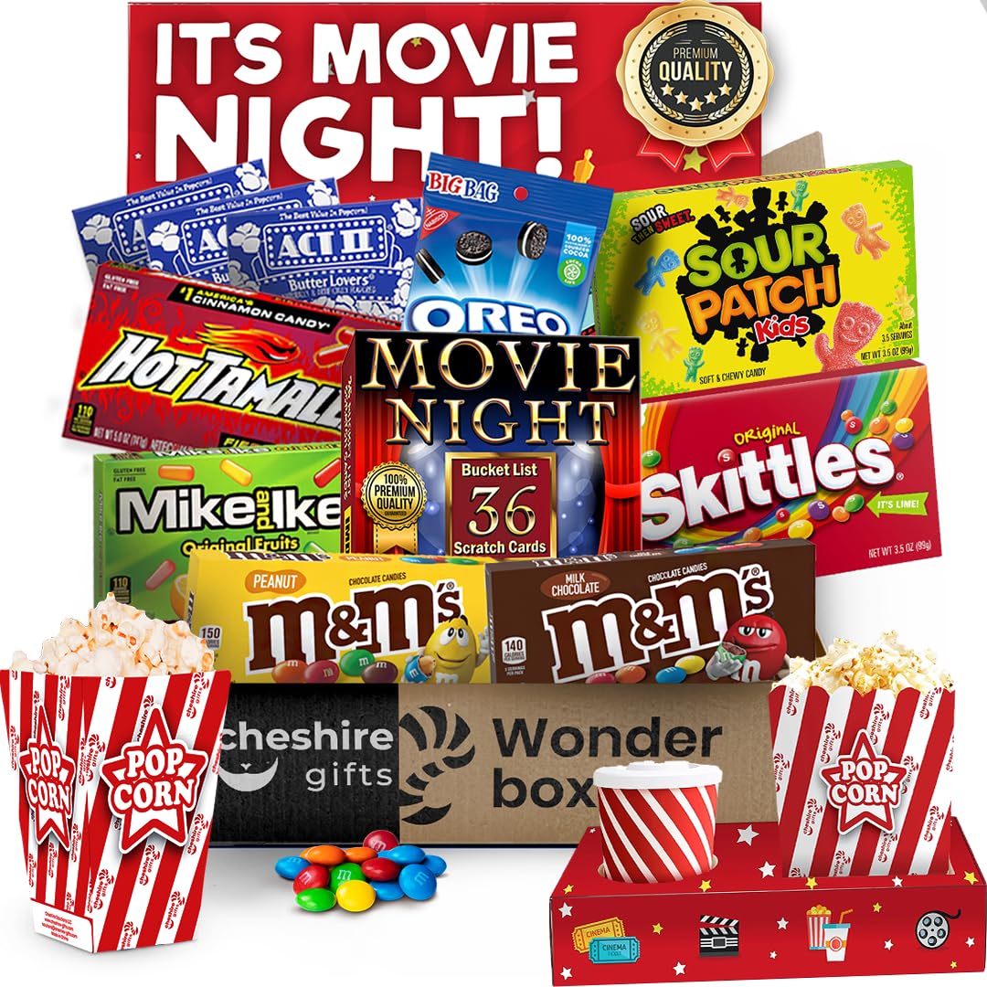 Cheshire Gifts front view of movie night basket, shows full gift-ready presentation benefit
