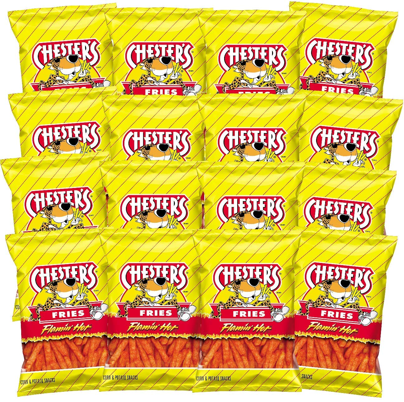 Chester's front packaging showing 16-pack and bold spicy branding for quick selection