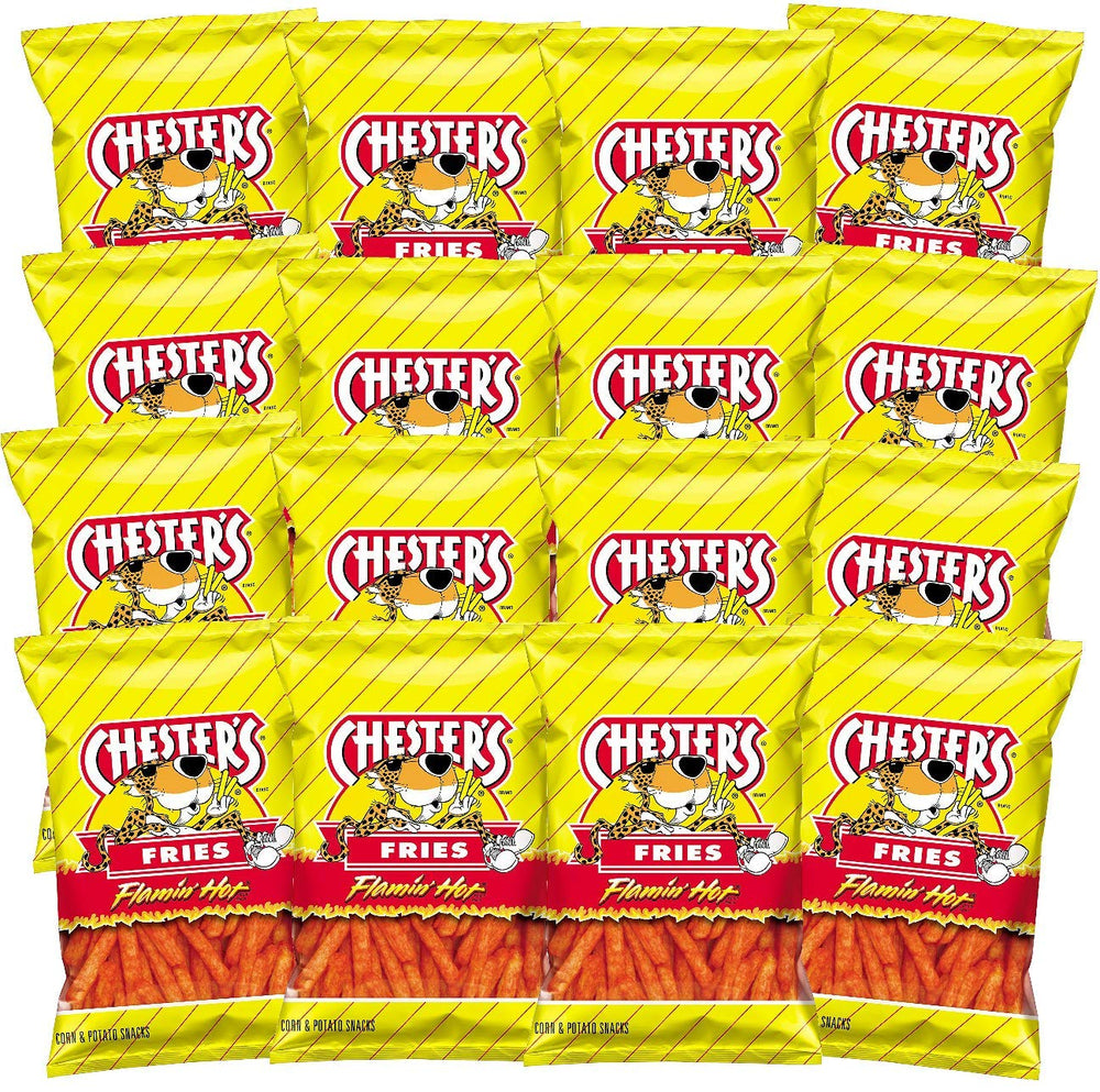 Chester's front packaging showing 16-pack and bold spicy branding for quick selection