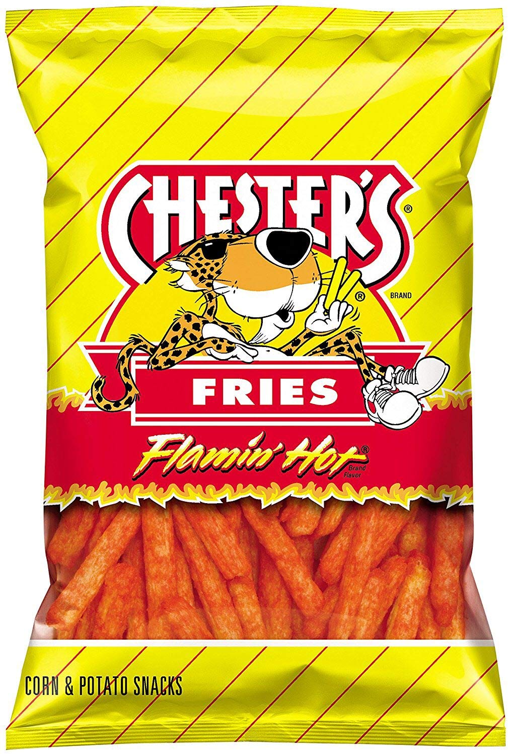 Chesters open bag close-up of crispy fries and seasoning, vivid spicy appeal