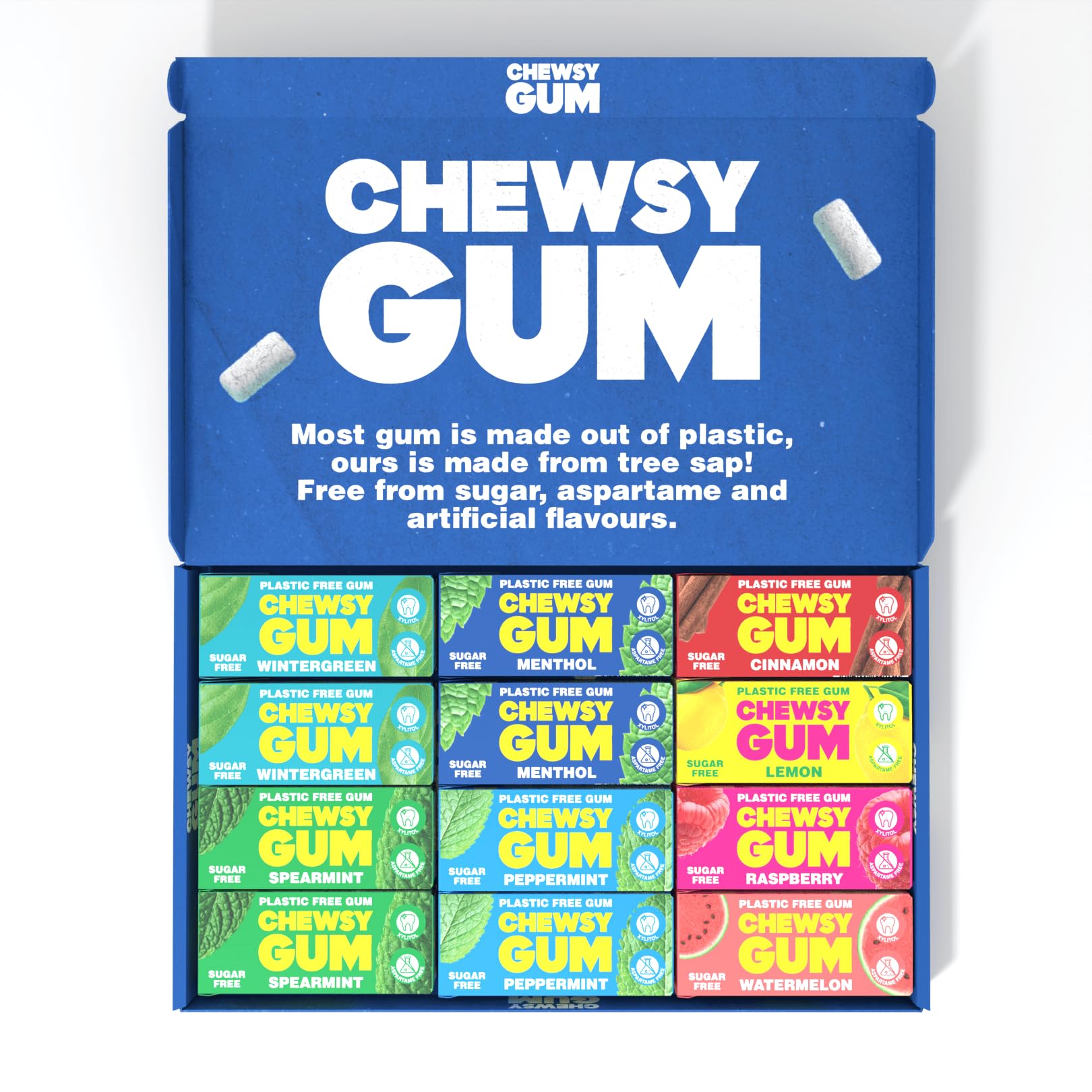 CHEWSY front packaging showing assortment and eco benefits
