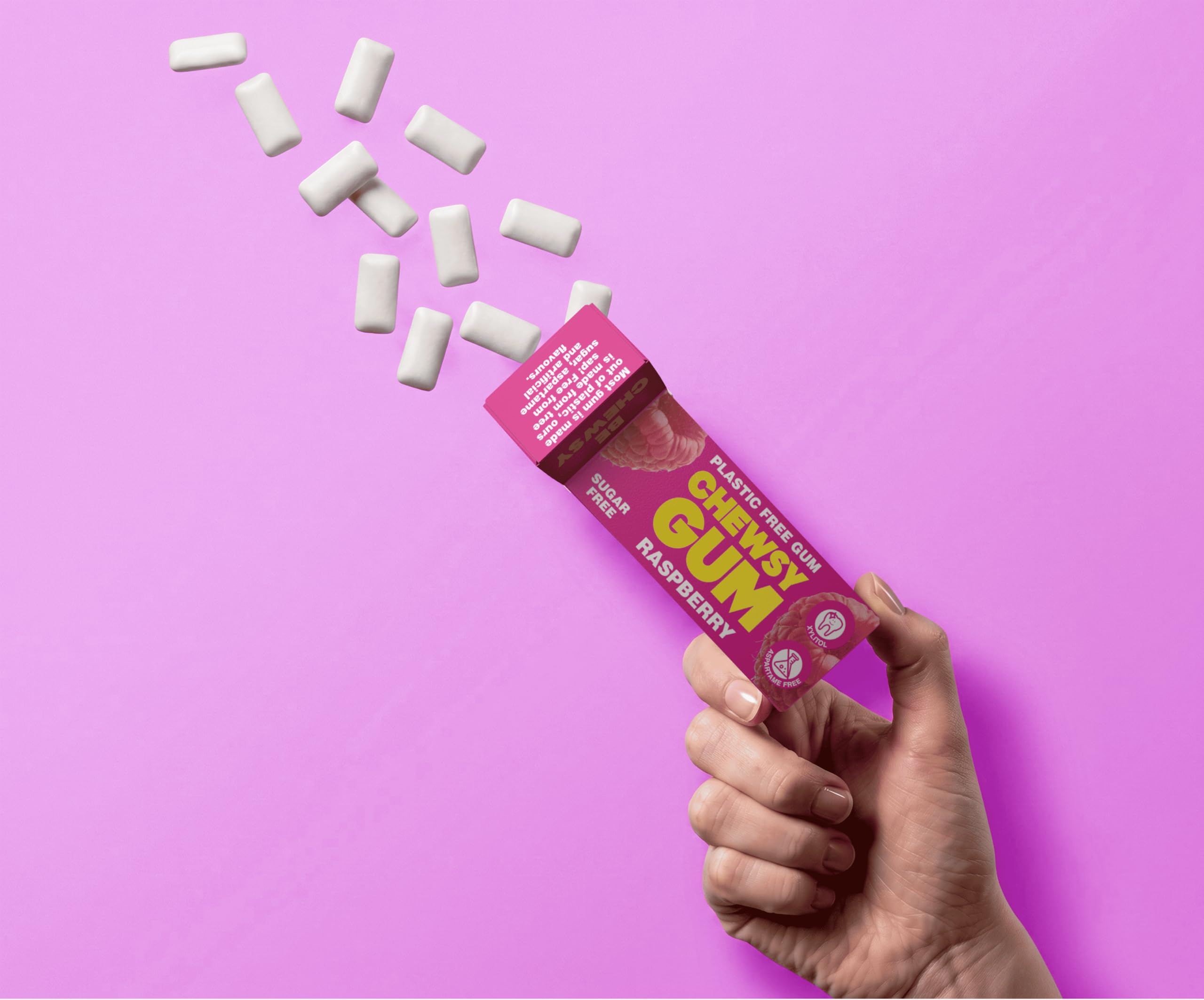 CHEWSY pack in hand showing compact 15g size for travel