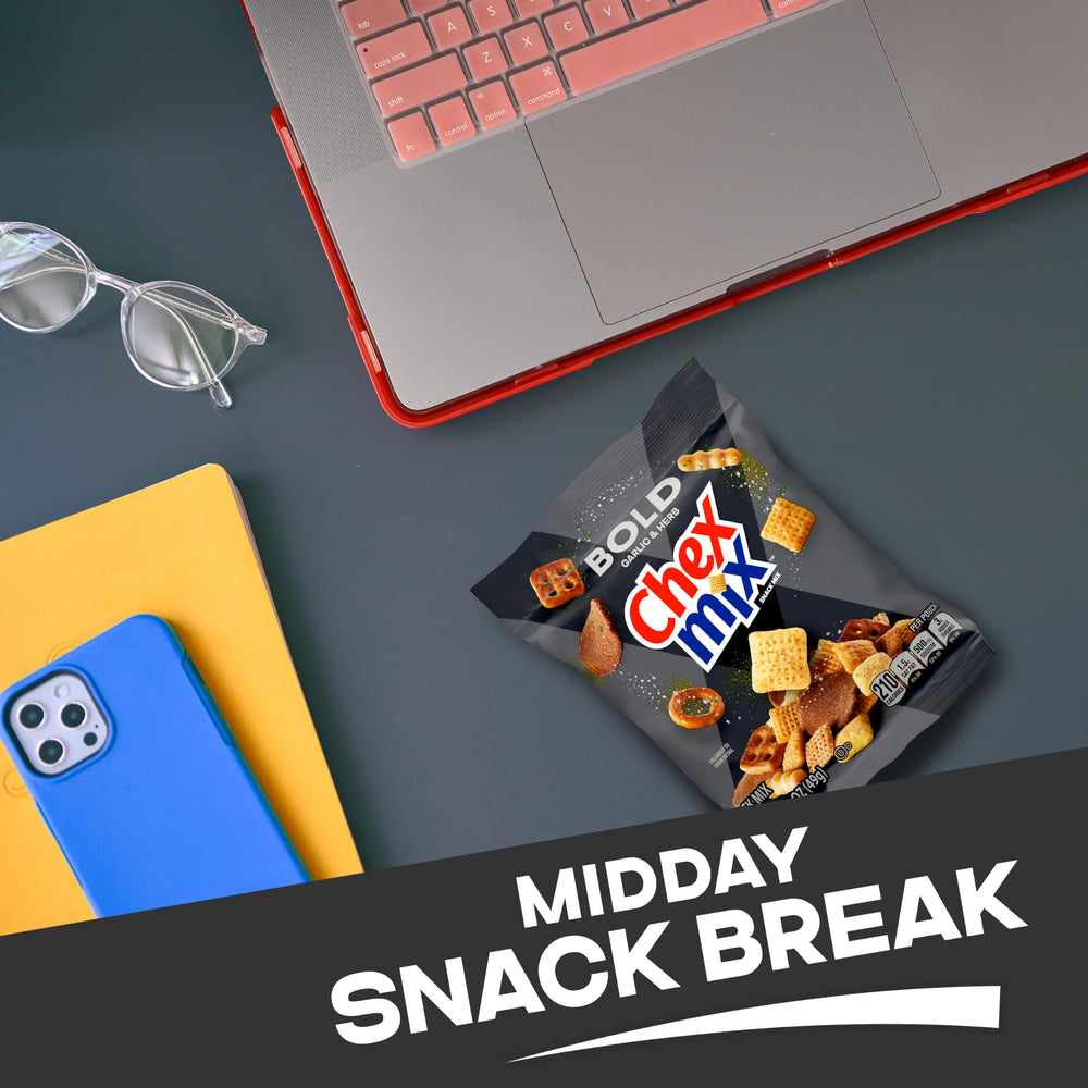 Chex Mix pouch beside a ruler to show 1.75 oz portion size and portion control