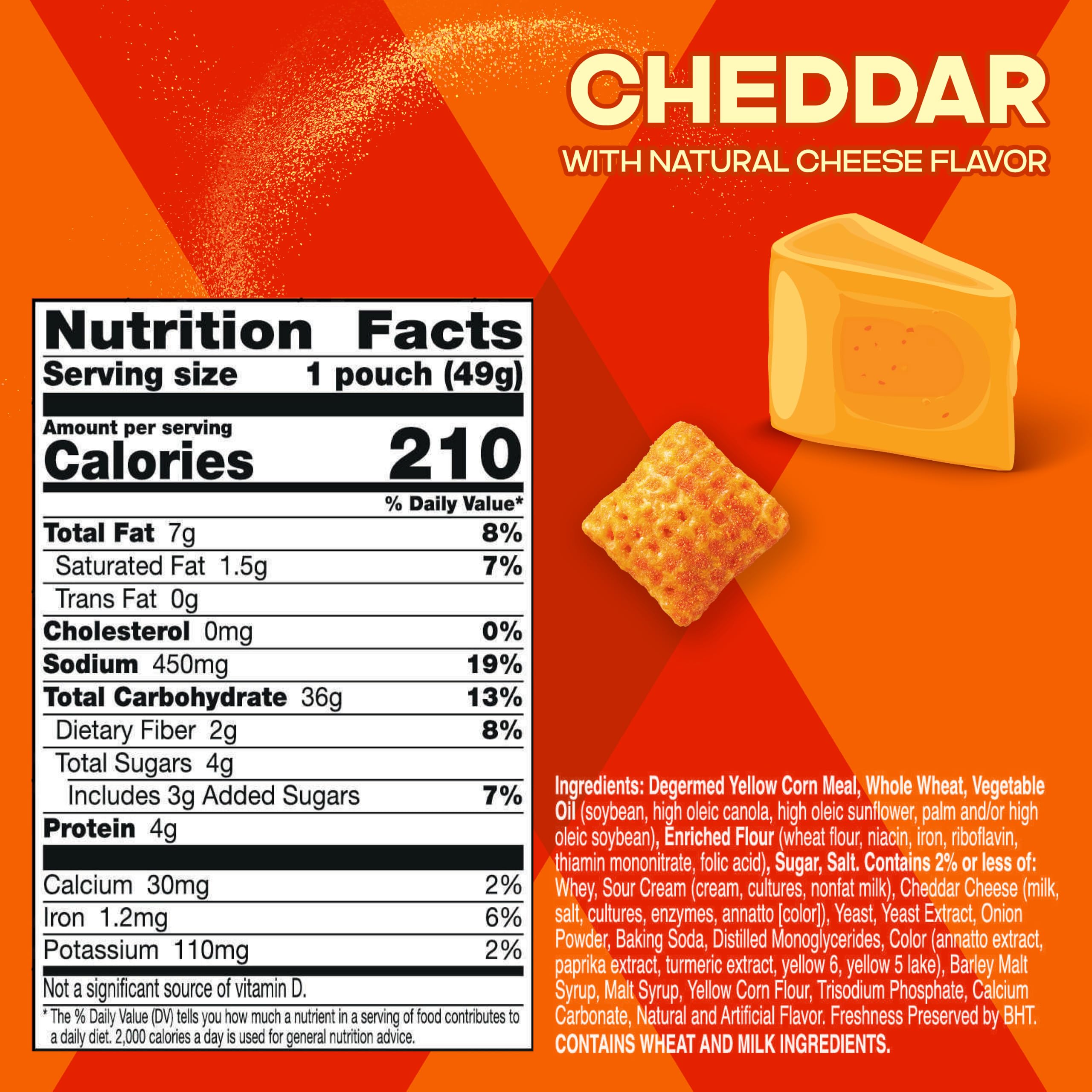 Single Chex Mix Cheddar pouch open ready for grab-and-go convenience
