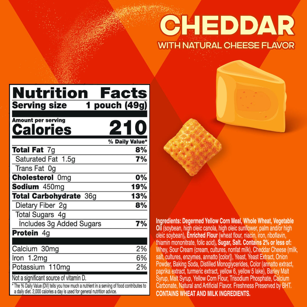 Single Chex Mix Cheddar pouch open ready for grab-and-go convenience