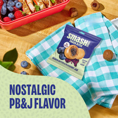 Smash Bite cut open to reveal blueberry superfood jam center, Chia Smash demonstrates satisfying filling