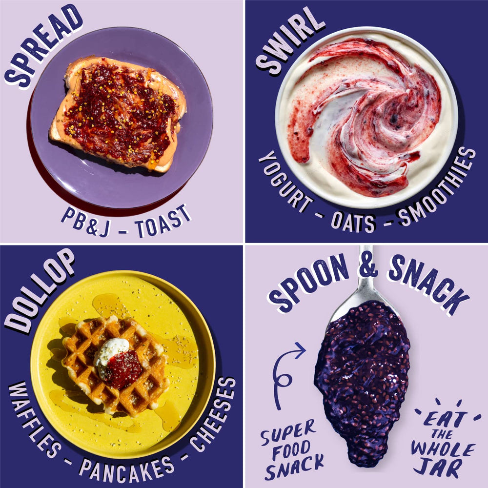 Bowls of grapes dates and chia beside Chia Smash emphasizing natural ingredients