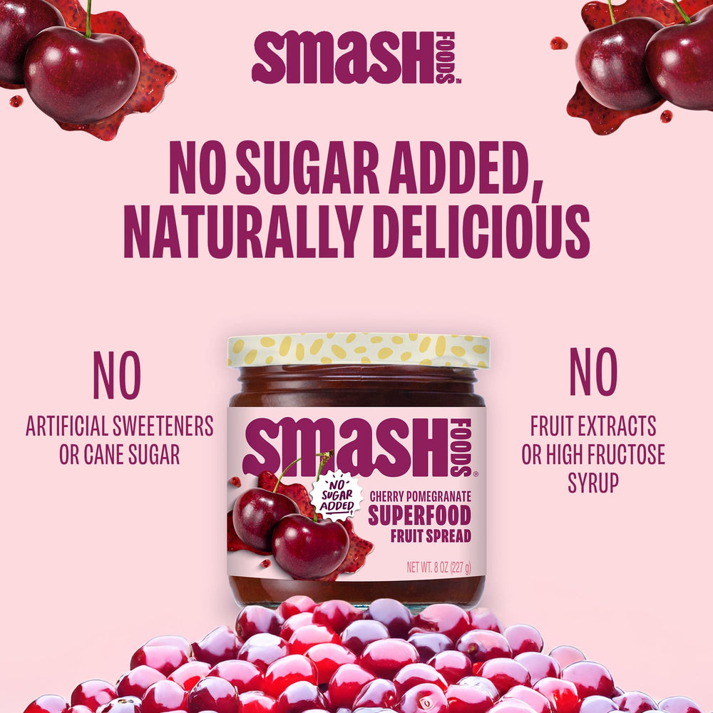 Bowl of cherries pomegranate and dates beside Chia Smash ingredients