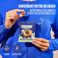Plate with Smash Bites and fresh blueberries for serving suggestion, Chia Smash offers nutritious pairing idea