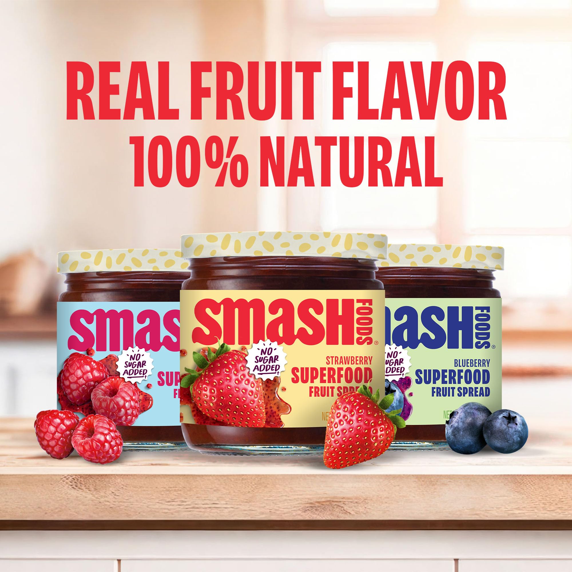 Chia Smash strawberry jar close-up highlighting natural fruit pieces and chia benefits