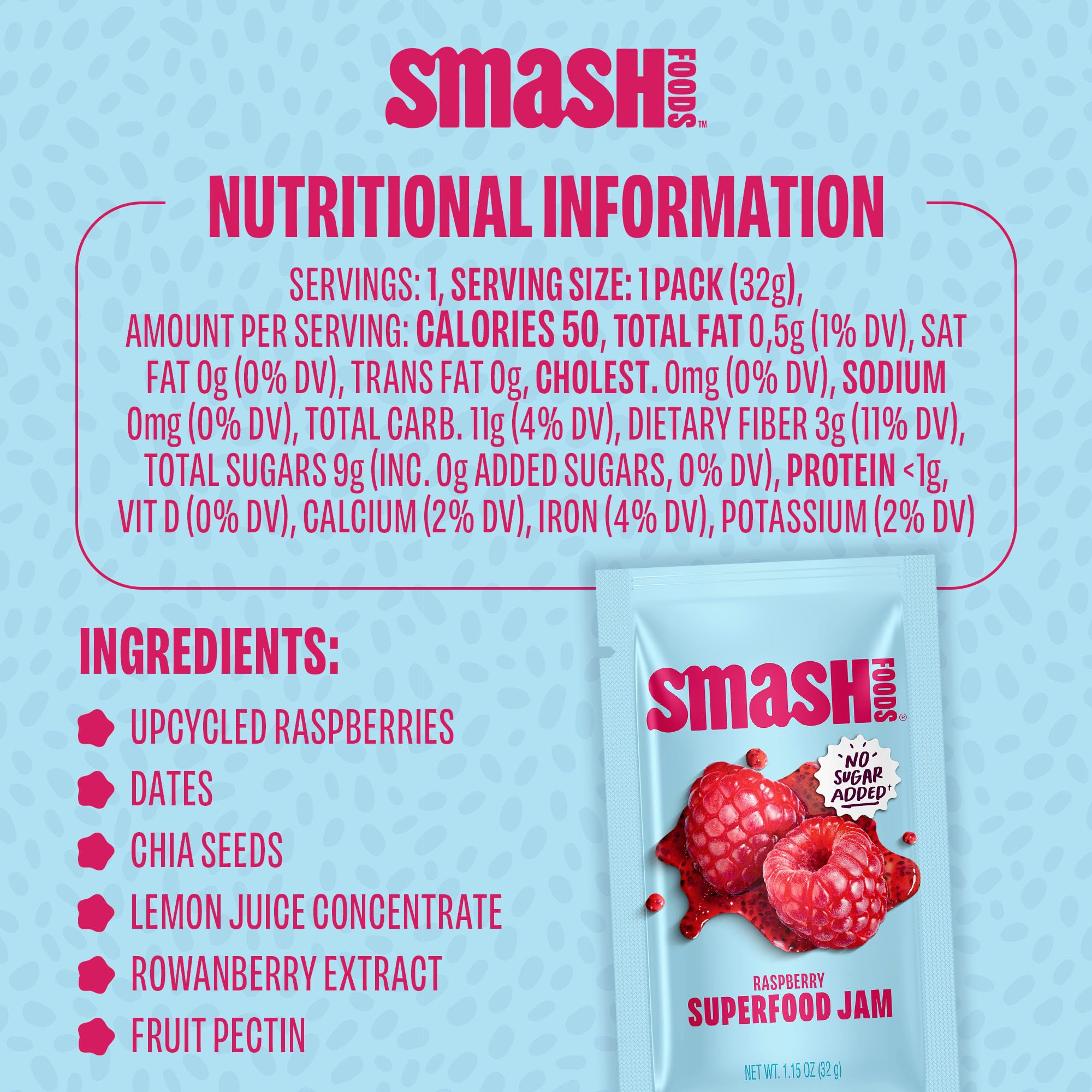 Chia Smash ingredient label listing upcycled raspberries and no added sugar benefits