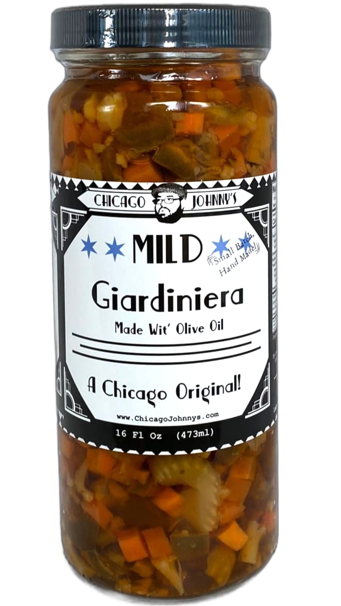 Chicago Johnny's jar front view showing colorful vegetables and clear label, attractive pantry addition