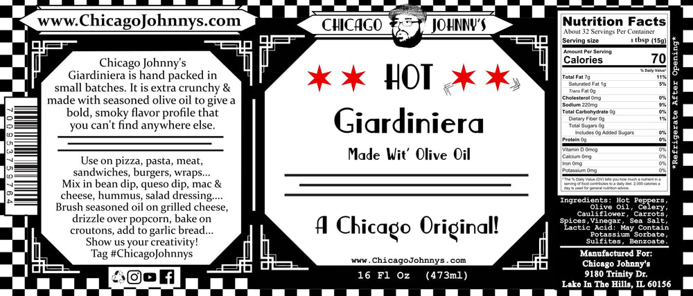 Chicago Johnny's jar next to common kitchen items showing 16 fl oz scale