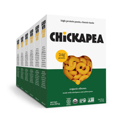 Chickapea front packaging of elbow pasta showing organic ingredients and pack information, clear pantry benefit