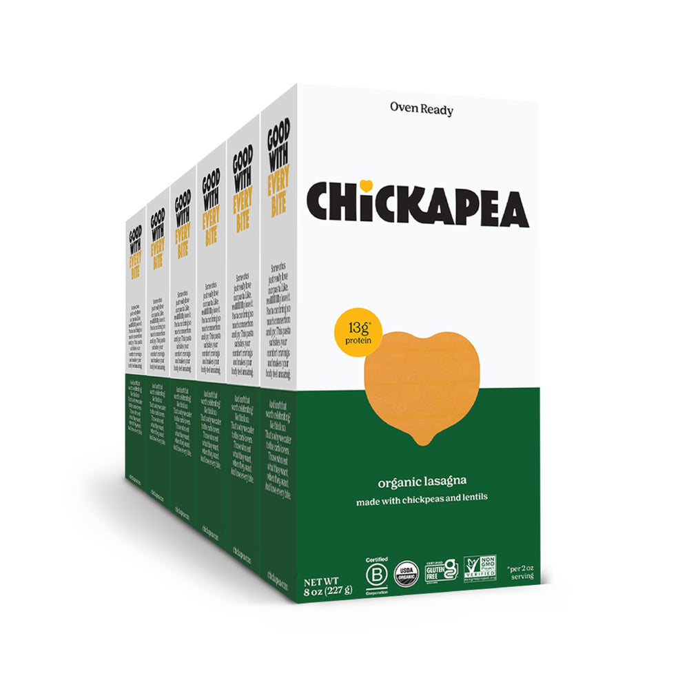 Chickapea front packaging showing organic lasagne and benefits