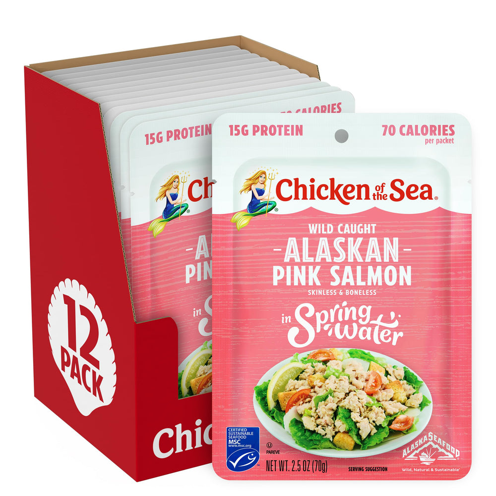 Chicken of the Sea front box packaging showing 12 salmon pouches and convenience