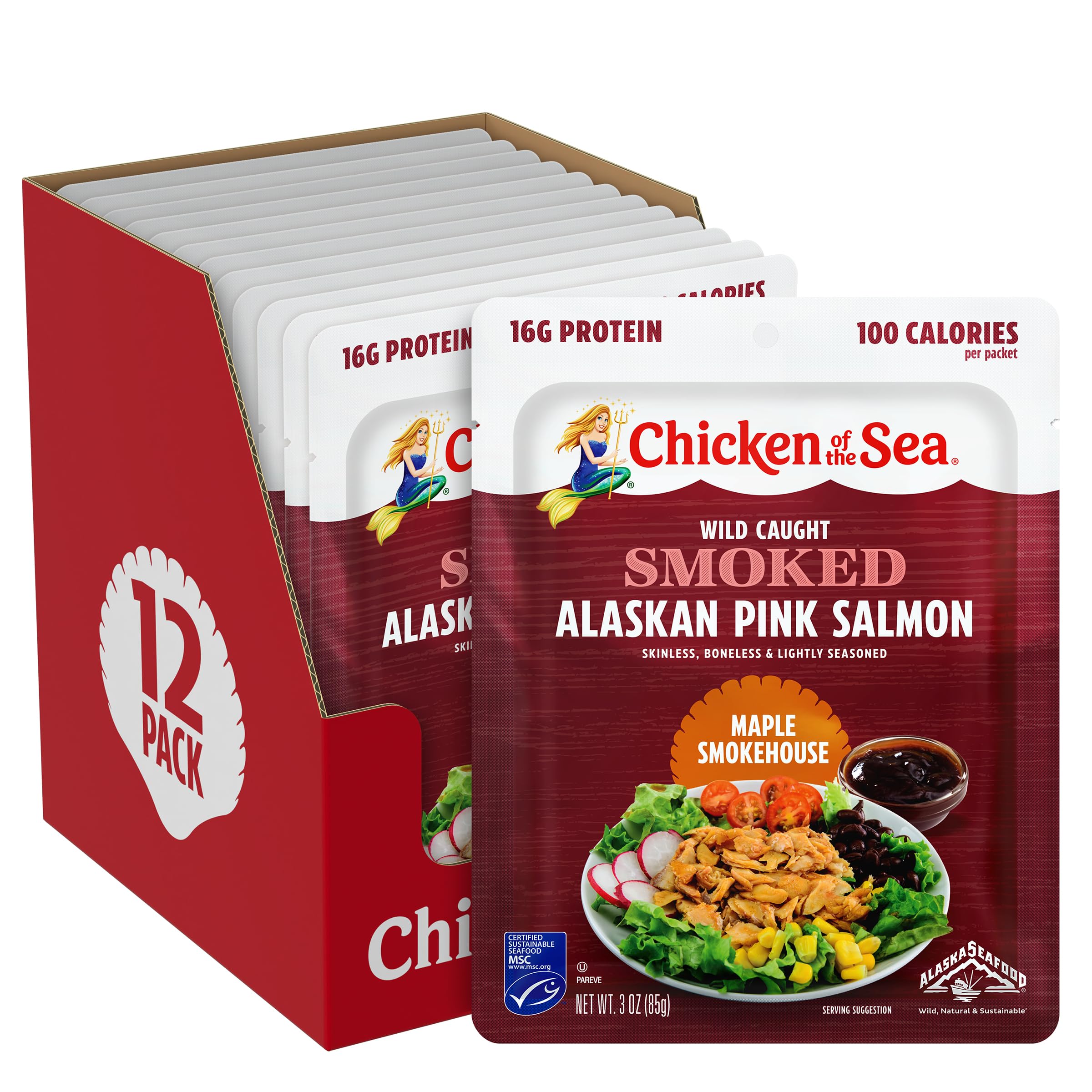 Chicken of the Sea front of box showing maple smokehouse pouches and bulk value