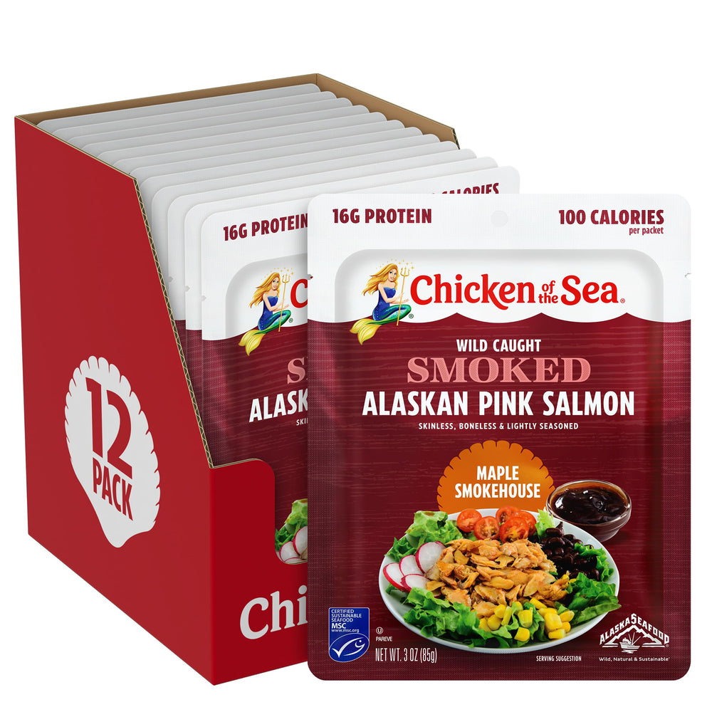 Chicken of the Sea front of box showing maple smokehouse pouches and bulk value