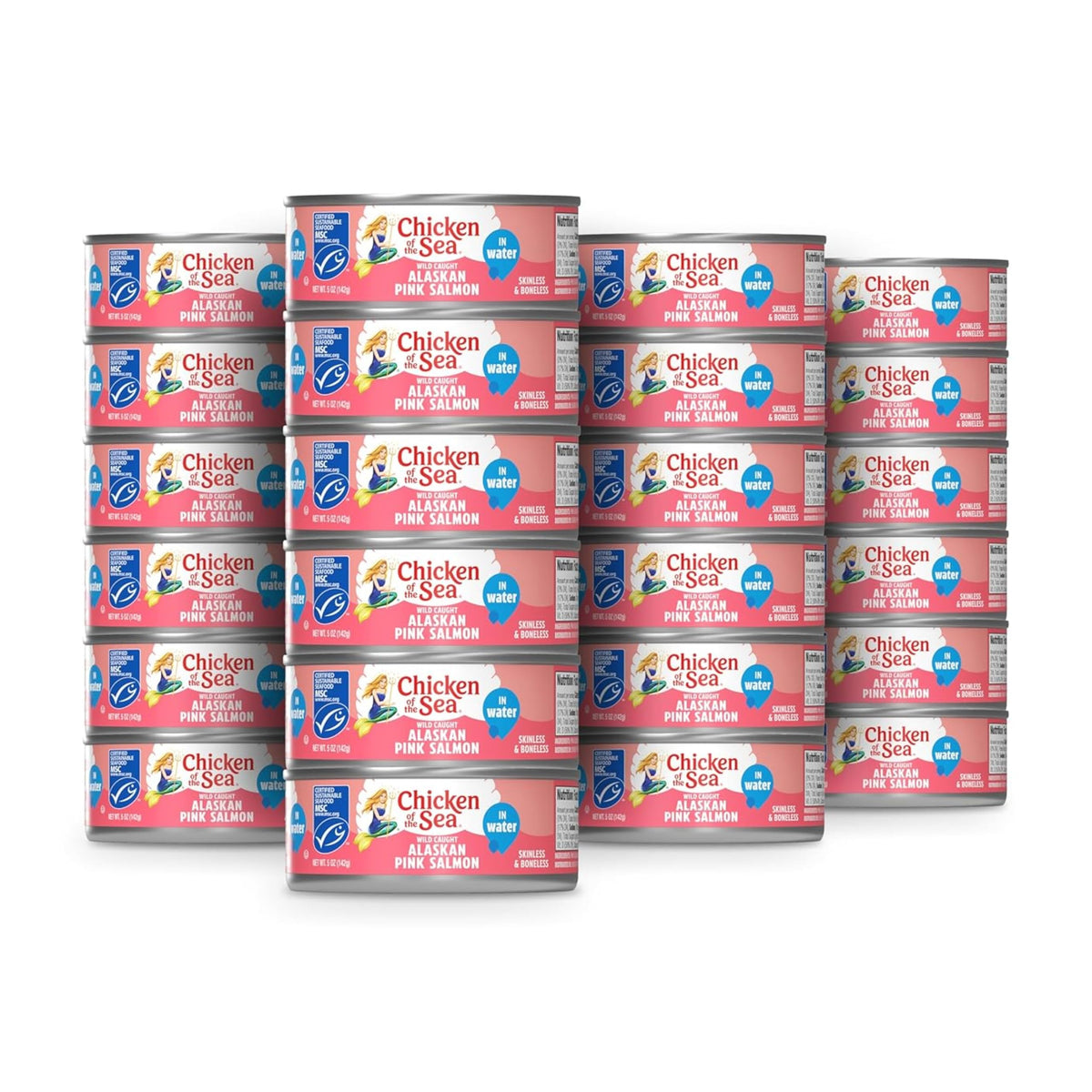 Chicken of the Sea front packaging showing 24-pack, convenient pantry stocking