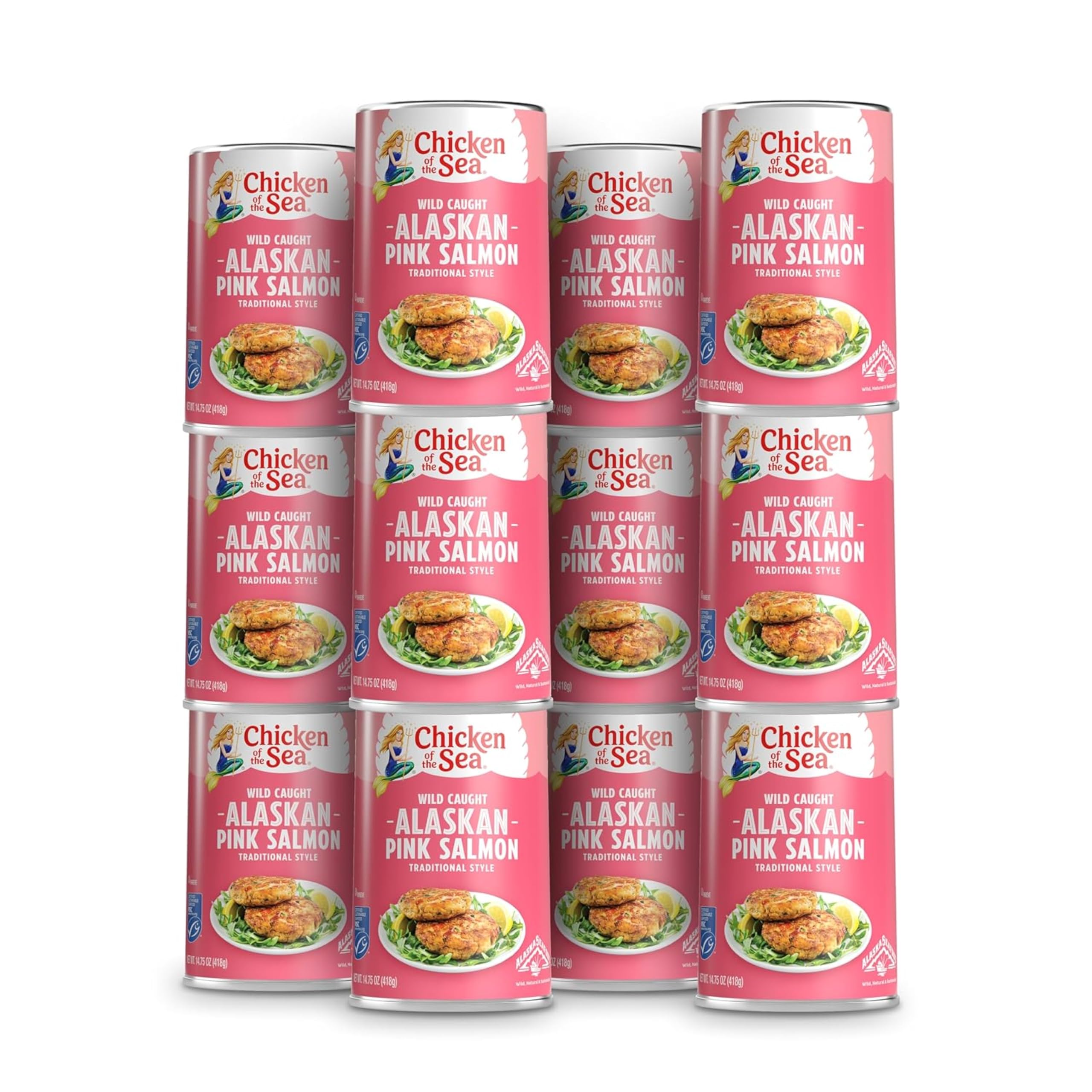 Chicken of the Sea front packaging shows 12 cans, convenient pantry protein