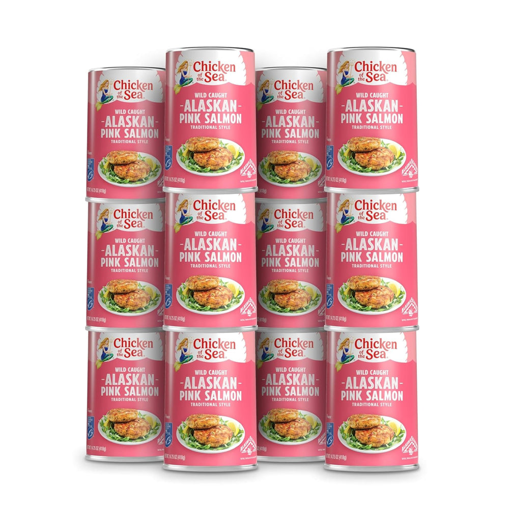 Chicken of the Sea front packaging shows 12 cans, convenient pantry protein