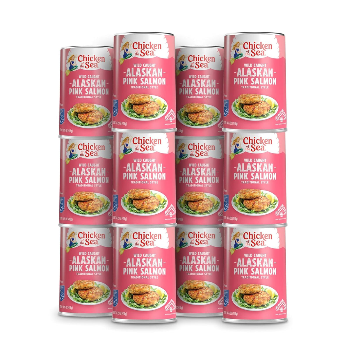 Chicken of the Sea front packaging shows 12 cans, convenient pantry protein