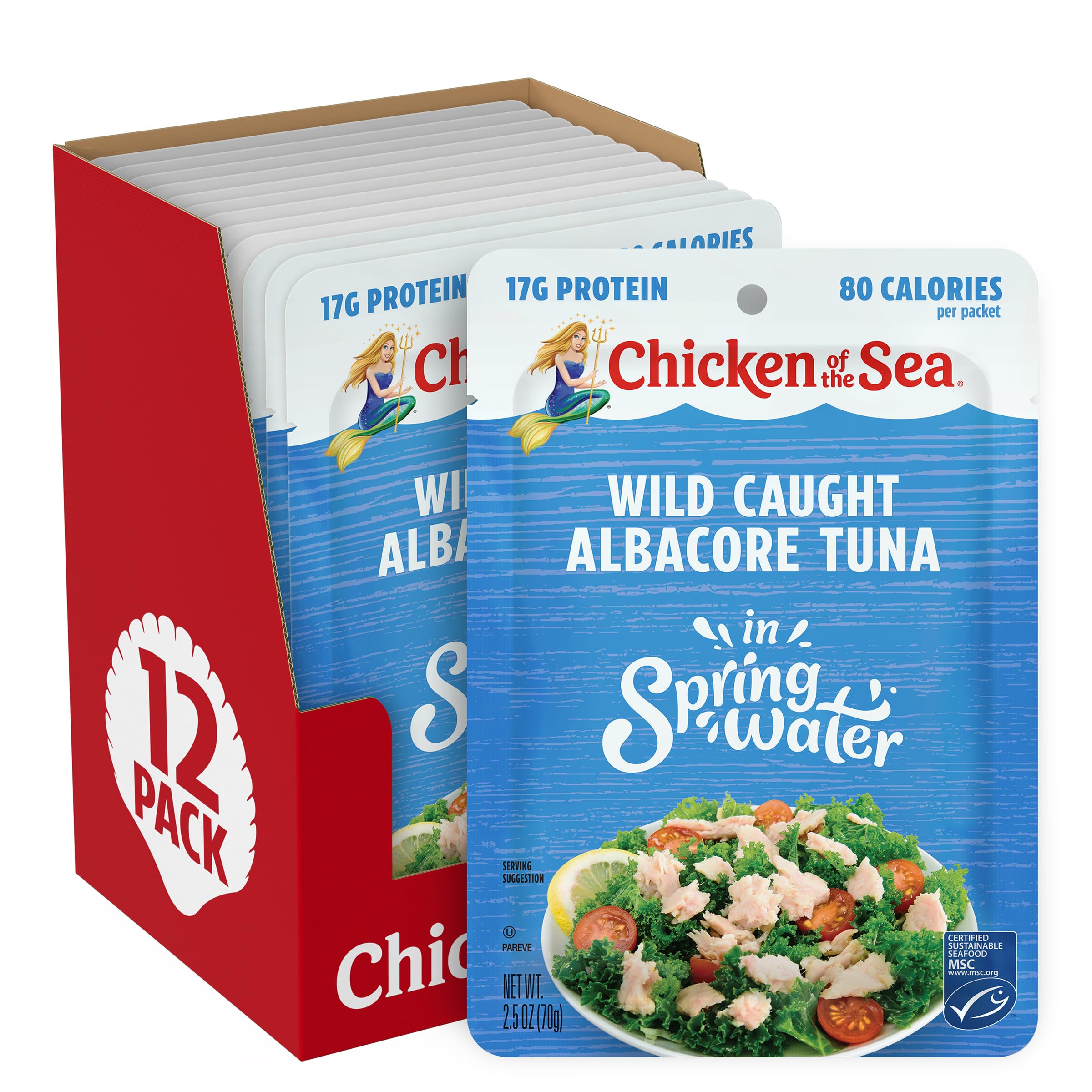Chicken of the Sea front packaging showing 12-pouch pack and convenience