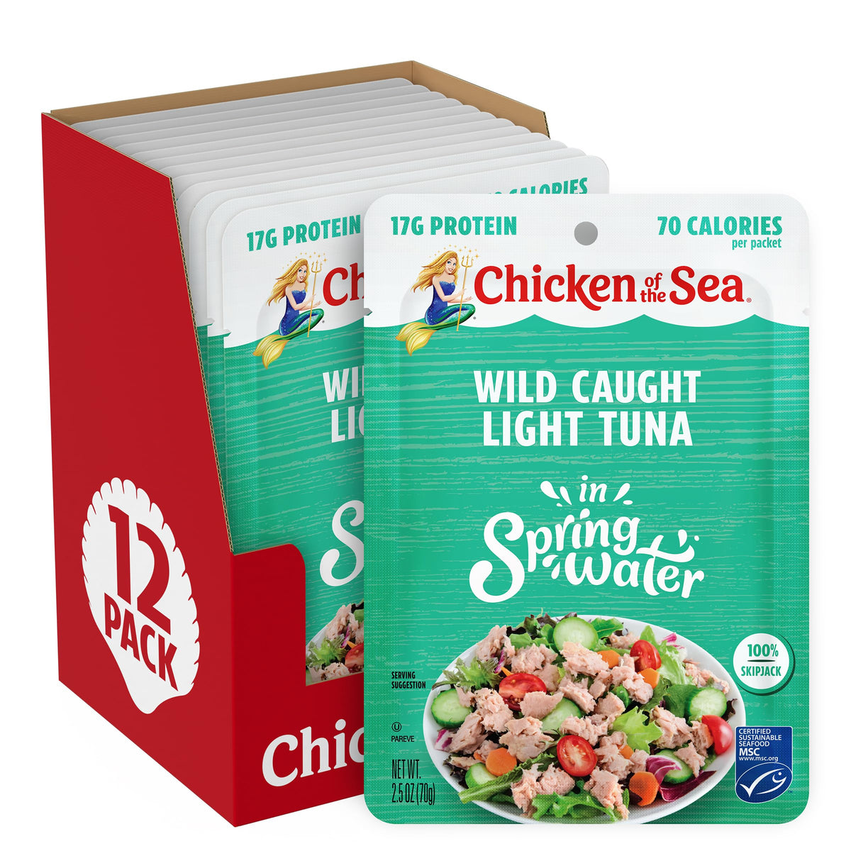 Chicken of the Sea front pouch view showing brand and easy-to-open benefit